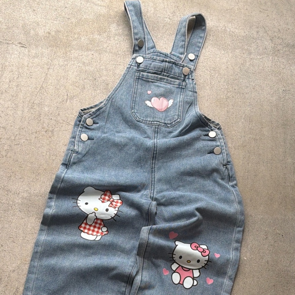 Kitty Denim‎ Overalls Kids Blue Y2K Retro Boho Cute Wide Leg